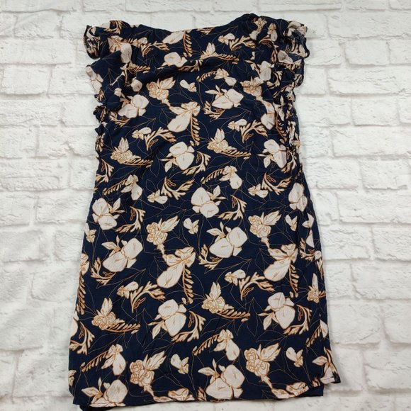Splendid womens lined tunic ruffle cap sleeve mini dress Navy Blue Floral sz M - Picture 2 of 10